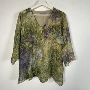Dinah Lee Womens Floral 3/4 Sleeve Tunic Top V-Neck Asymmetrical Green Purple
